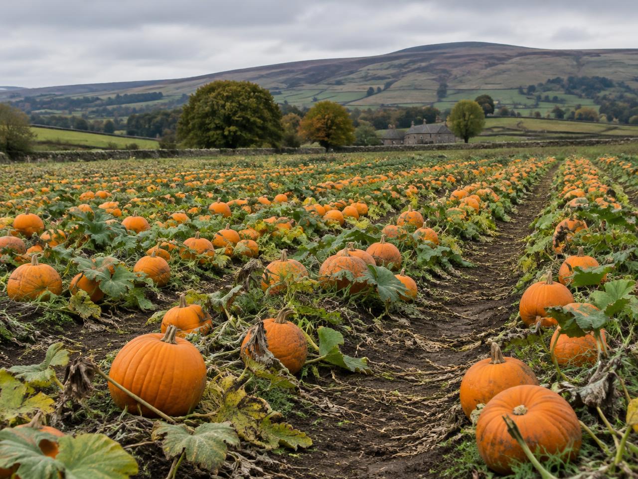 Rows of orange pumpkins in a hillside field